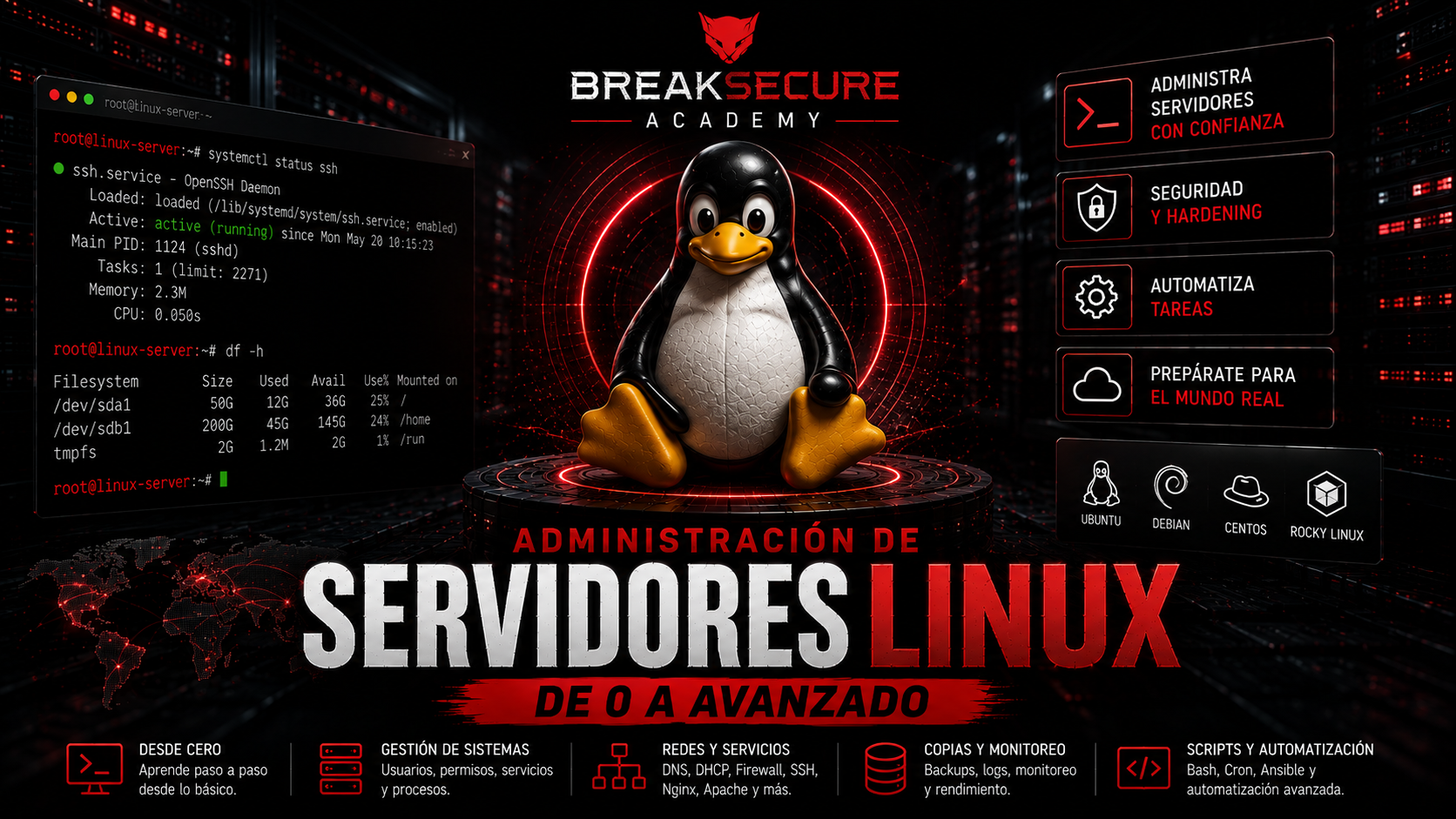 Portada del curso Administración de Servidores Linux de 0 a Avanzado